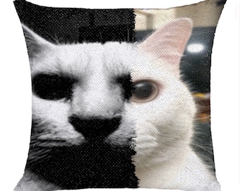 Custom Canny and Uncanny Cat Sequin Cushion Good VS Evil Cat Magic Pillow Gift