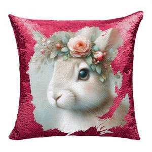 Almohada de cama con forma de conejo, bonita almohada cuadrada con forma de conejo, funda de cojín decorativa, almohada reversible con lentejuelas / GIFORUE