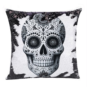 Funda de cojín con lentejuelas y calavera en forma de rosa, foto de calavera, bonita almohada cuadrada con calavera, almohada mágica con calavera de azúcar, regalo de festival, GIFORUE