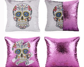 Skull Cushion Cover Skull Bed Pillow Creepy Cute Skull Square Throw Pillow Accent Pillow Sugar Skull Sequin Pillow| Halloween Gift | GIFORUE