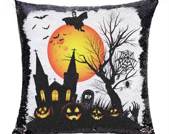 Sequin Halloween Pillow  | Pumpkin Pillow | Sequin Cushion Cover | Hide Photo Pillow | Moon Church Halloween Gift | GIFORUE