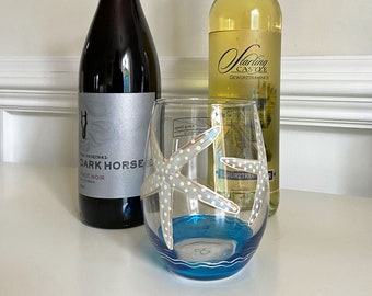 Verre à vin sans pied étoile de mer peint à la main / Grande capacité de 21 onces