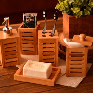 Set da bagno in bambù, set dispenser per sapone, decorazioni in bambù per il tuo bagno, portasapone, portaspazzolino, portatovaglioli.