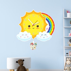 Horloge murale en bois sur le thème licorne soleil, horloge pendule licorne, décoration de chambre d&#39;enfant, décoration murale d&#39;enfant, cadeau de Noël pour enfant