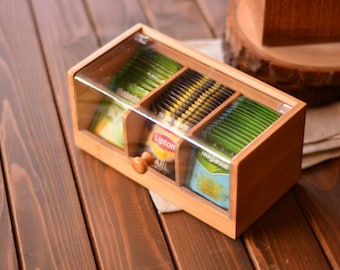 3 Section Hot Tea Container Box, Wooden Hot Tea Box, Wooden Box, Herbal Tea Box, Housewarming Gift.