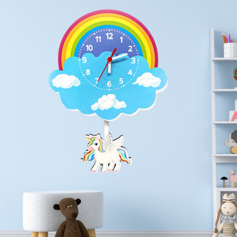 Wooden Unicorn Kids Room Pendulum Wall Clock Rainbow Wall Etsy
