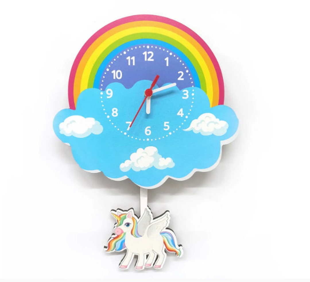 Wooden Unicorn Kids Room Pendulum Wall Clock Rainbow Wall Etsy