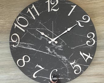 High Quality 20 inch Black Marble Pattern Themed Wall Clock, Silent Non-Ticking, Oversized Wall Art Clocks and Interior Design