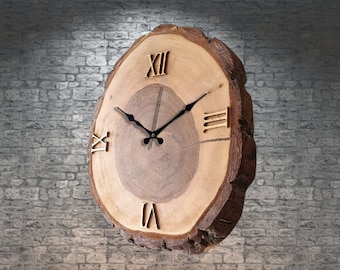 Rustic Wood Wall Clock – Natural Tree Slice Clock, Handmade Wooden Wall Decor, Silent Farmhouse Clock, Unique Housewarming Gift