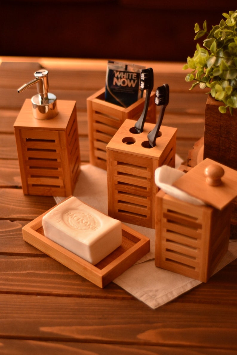 Bamboo Bath Set Soap Dispenser Set Bamboo Decor for Your Etsy