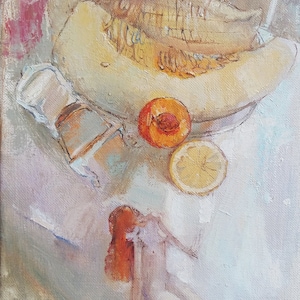 Melon bathroom. Summer still life with a melon and a miniature girl.
