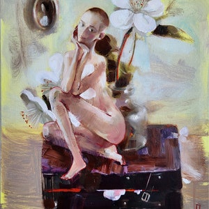 CHERRY Blooming twig image of spring, femininity, tenderness Original painting executed on canvas with oil in the style of impressionism