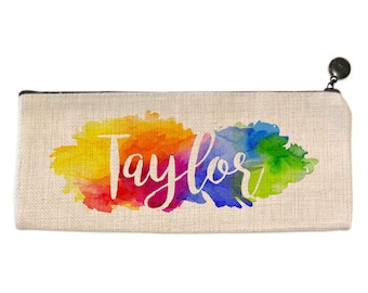 Personalized Pencil Bag - Watercolor Rainbow Name - Light Beige -  9.5" X 4" - Pencil Pouch - Pencil Case - Pencil Bag - Pen Case