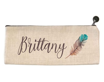 Personalized Pencil Bag - Watercolor Feather - Light Beige -  9.5" X 4" - Pencil Pouch - Pencil Case - Pencil Bag - Pen Case - Zipped Case