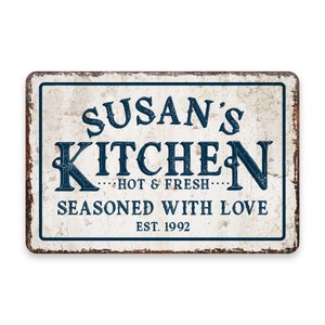 Personalized Vintage Distressed Look Kitchen Seasoned with Love Metal Room Sign - Rustic sign - Welcome sign - Custom door signs