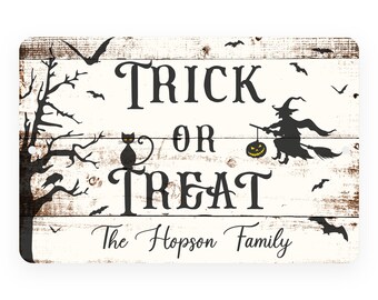 Pattern Pop - Personalized Halloween Sign Spooky Seasonal Home Decor Metal Sign Personalized for You Rustic Plank Trick or Treat