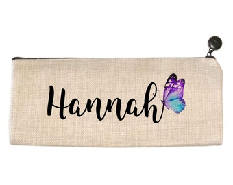 Personalized Pencil Bag - Butterfly - Light Beige -  9.5" X 4" - Pencil Pouch - Pencil Case - Pencil Bag - Pen Case - Zipped Canvas Case