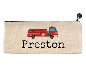 Personalized Fire Truck Pencil Bag - Light Beige -  9.5" X 4" - Pencil pouch - Pencil case - Pencil bag - Pen case -Zipped canvas case