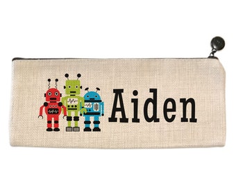 Personalized Robot Pencil Bag - Light Beige -  9.5" X 4" - Pencil pouch - Pencil case - Pencil bag - Pen case - Zipped canvas case