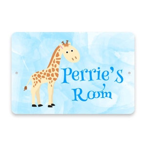 May include: A blue and white watercolor background with a cartoon giraffe and the text "Perrie's Room" in blue.