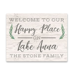 Personalized Welcome to Our Happy Place on Lake Anna Wall Art - 11 X 14 Weathered Text and Wood Look on Aluminum Panel