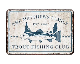 Personalized Vintage Distressed Look Trout Fishing Club Metal Room Sign - Rustic sign - Welcome sign - Custom door signs - Metal wall art