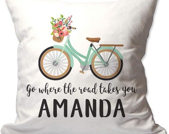 Personalized Go Where The Road Takes You Bicycle 17 X 17 Throw Pillow Cover - NO Insert - Cover Only - Decorative Throw Pillow