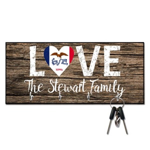 Personalized Love Lowa State Flag Key Hanger - Wall mount key holder - Personalized Key holder - Key holder wall - Key hook for wall