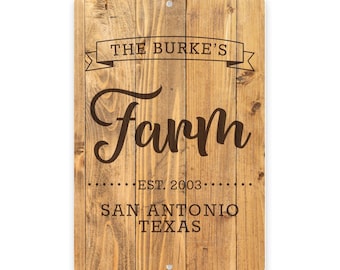 May include: A rustic wooden sign with the text "The Burke's Farm Est. 2003 San Antonio Texas" in brown lettering.
