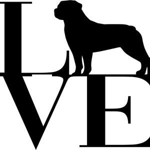 Puede incluir: Silueta en blanco y negro de un perro de pie sobre la letra "E" de la palabra "LOVE".