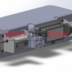 Pode incluir: Uma renderização 3D de um componente mecânico, provavelmente para um veículo. O design apresenta um tanque cilíndrico, uma caixa retangular e várias peças mecânicas menores e detalhadas. A combinação de cores é principalmente cinza e prata.