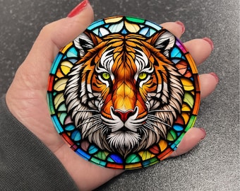 Vibrant Cute Siberian Tiger Wild Animal Stained Glass Art Suncatcher Effect Round Drinks Coaster Coasters Set Tea Coffee Gift R14