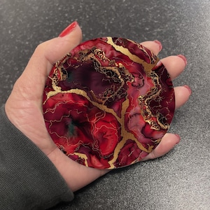 Stunning Deep Red & Gold Marble Effect Round Drinks Coaster Coasters Set Tea Coffee Gift Marble Watercolour Agate Painting RM5