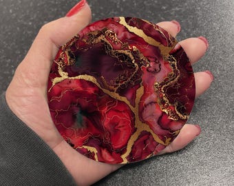 Stunning Deep Red & Gold Marble Effect Round Drinks Coaster Coasters Set Tea Coffee Gift Marble Watercolour Agate Painting RM5