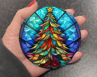 Stunning Stained Glass Effect Printed Xmas Christmas Tree Design Festive Theme Round Drinks Coaster Coasters Set Gift Tableware C2