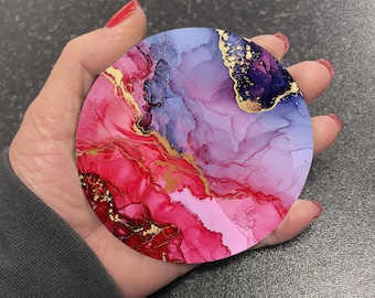 Stunning Magenta Purple & Gold Marble Effect Round Drinks Coaster Coasters Set Tea Coffee Gift Marble Watercolour Agate Painting RM18