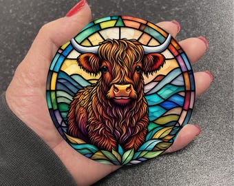 Vibrant Cute Scottish Highland Cow Coo Animal Stained Glass Art Suncatcher Effect Round Drinks Coaster Coasters Set Tea Coffee Gift R4