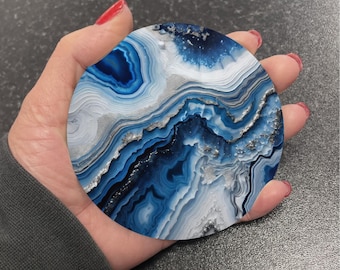 Stunning Cobalt Blue & Silver Marble Effect Round Drinks Coaster Coasters Set Tea Coffee Gift Marble Watercolour Onyx Agate Painting RM42