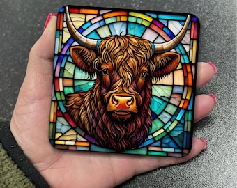 Stunning Scottish Highland Cow Farm Animal Stained Glass Art Suncatcher Effect Square MDF Drinks Coaster Coasters Set Tea Coffee Gift