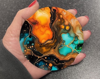 Stunning Burnt Orange & Blue Marble Style Effect Round Drinks Coaster Coasters Set Tea Coffee Gift Alcohol Ink Painting AL5