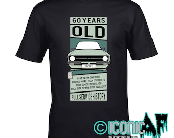 Personalised (number plate) Funny 60 Year Old Retro Mk2 Escort RS Mexico Classic Car illustration 60th Birthday gift Men's Black t-shirt top