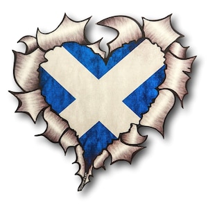 May include: A blue and white Scottish flag in the shape of a heart, with a torn, ripped, and distressed paper effect around the edges.