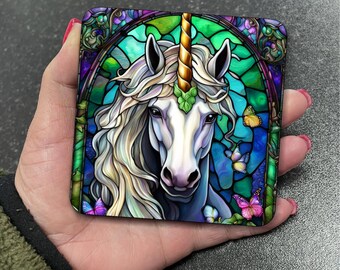 Legendary Mythical Unicorn Vibrant Art Nouveau Stained Glass Art Suncatcher Effect Square Drinks Coaster Coasters Set Tea Coffee Gift D20