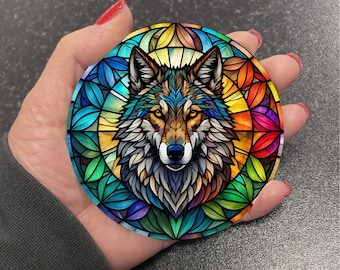 Vibrant Cute Mountain Wolf Wild Forest Animal Stained Glass Art Suncatcher Effect Round Drinks Coaster Coasters Set Tea Coffee Gift R17
