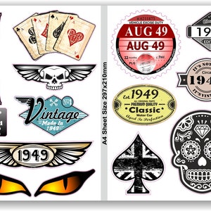 May include: A sheet of 10 vintage-style stickers featuring various designs, including a skull with wings, a playing card, a sugar skull, and a vintage car logo. The stickers are printed on white paper and measure 29.7 cm by 21 cm.