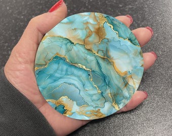 Stunning Turquoise & Gold Marble Effect Round Drinks Coaster Coasters Set Tea Coffee Gift Marble Watercolour Agate Painting RM16
