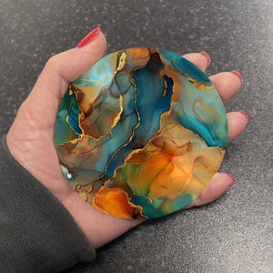 Stunning Burnt Orange Green & Gold Marble Effect Round Drinks Coaster Coasters Set Tea Coffee Gift Marble Watercolour Agate Painting RM11