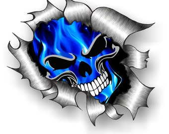 Licensed Ripped Torn Metal Rip Design With Electric Blue flaming gothic Skull Motif External Vinyl Car Sticker