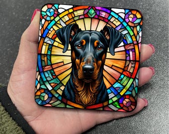 Stunning Cute Dobermann Doberman Pet Dog Stained Glass Art Suncatcher Effect Square MDF Drinks Coaster Coasters Set Tea Coffee Gift D11