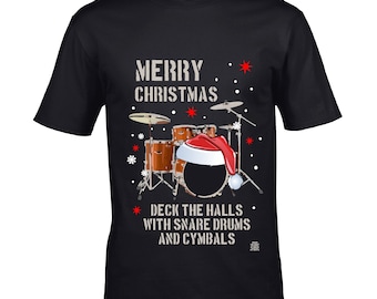 Premium Funny Merry Christmas Drum Kit Drummer Deck The Halls Santa Hat Percussion Motif Novelty Xmas gift Men's Black t-shirt top